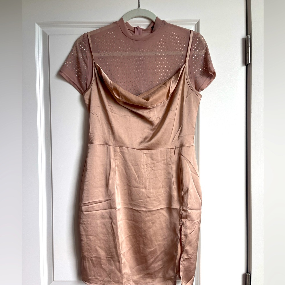 Princess Polly Champagne Slip Dress with Mesh Rhinestoned Attachment